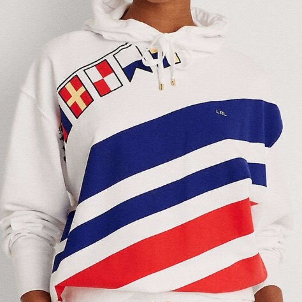 Lauren Ralph Lauren Womens Flag  Stripes French Terry Hoodie pullover White NWT